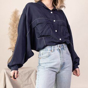Vintage blue zig zag stitch balloon sleeve blouse